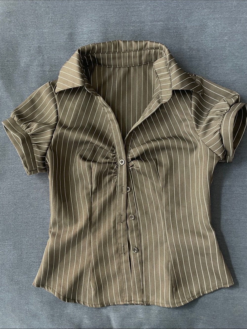 Pinstripe Ruched Button-Down Top - Picture 1 of 3